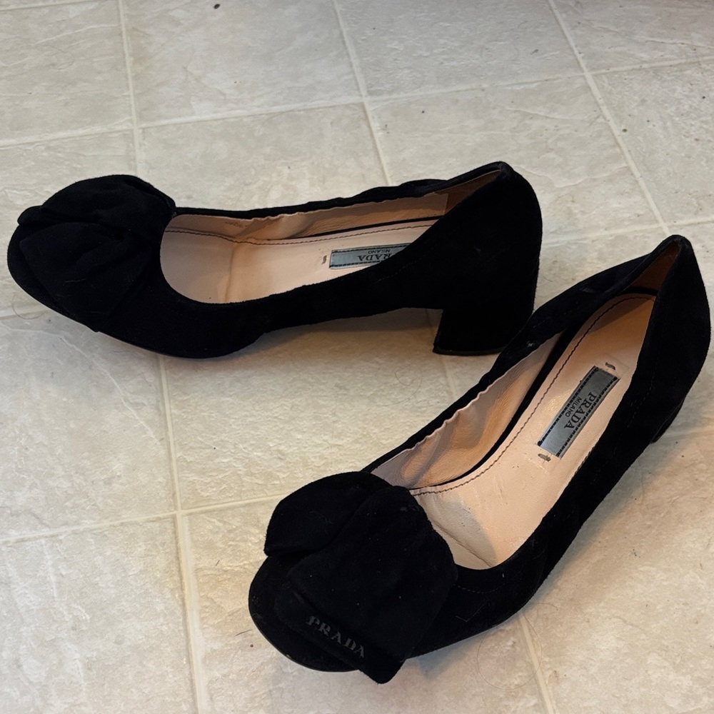 Prada Black Suede Bow Block Heels